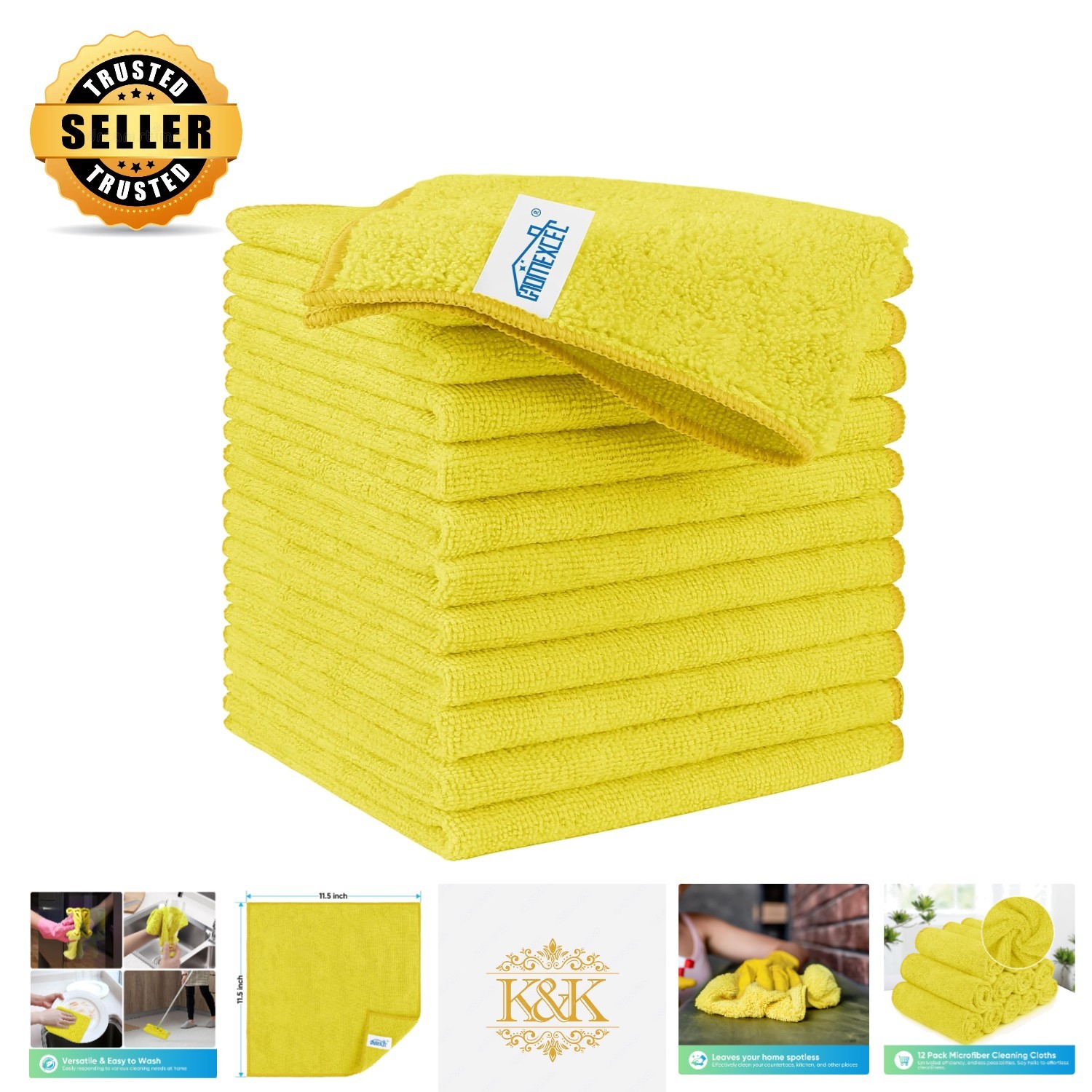 12 Pack  Yellow Microfiber Cleaning Cloths, Highly Absorbent & Lint Free