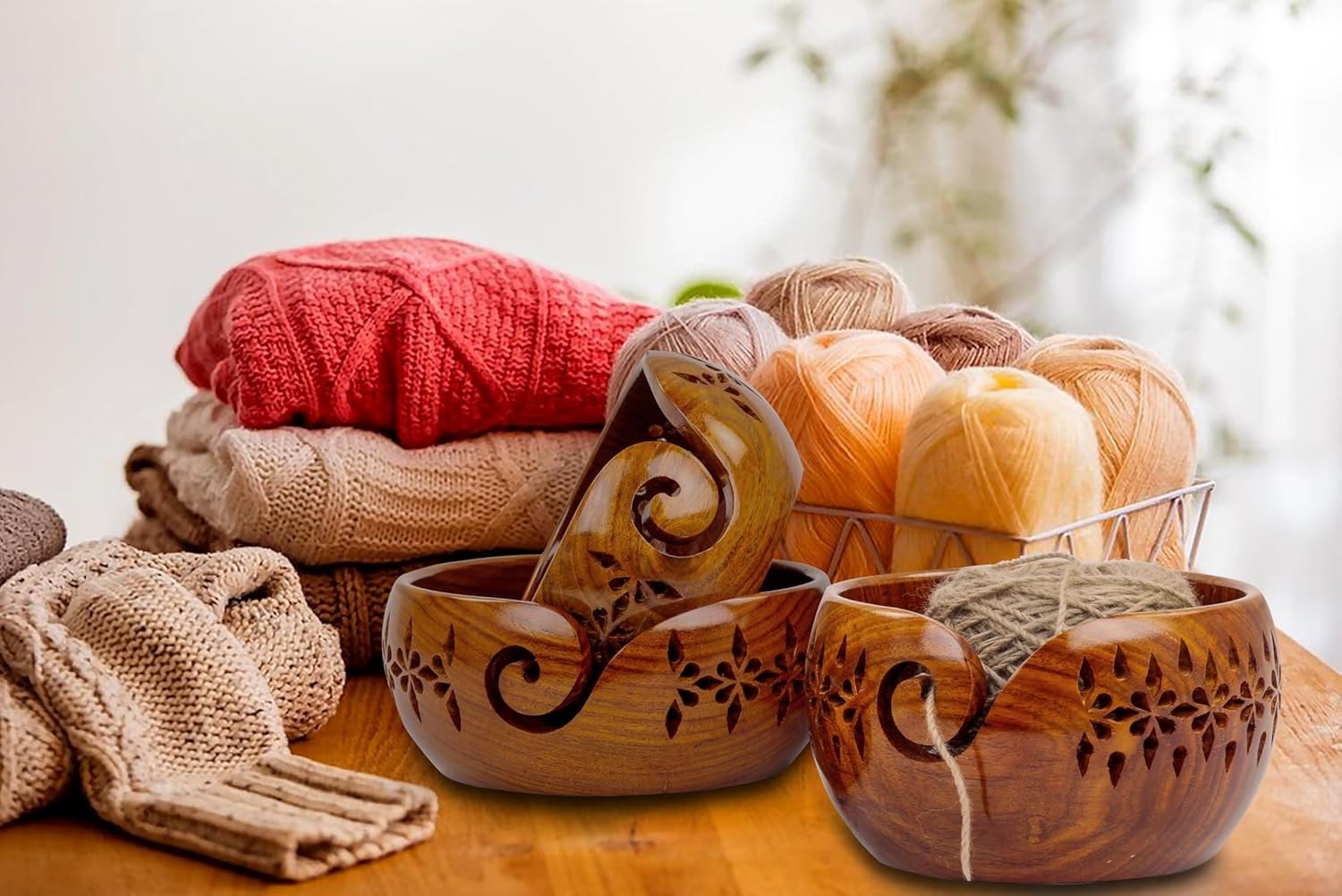 Authentic Rosewood Yarn Bowl Set with Deep Rich Finish for Knitting Accessories