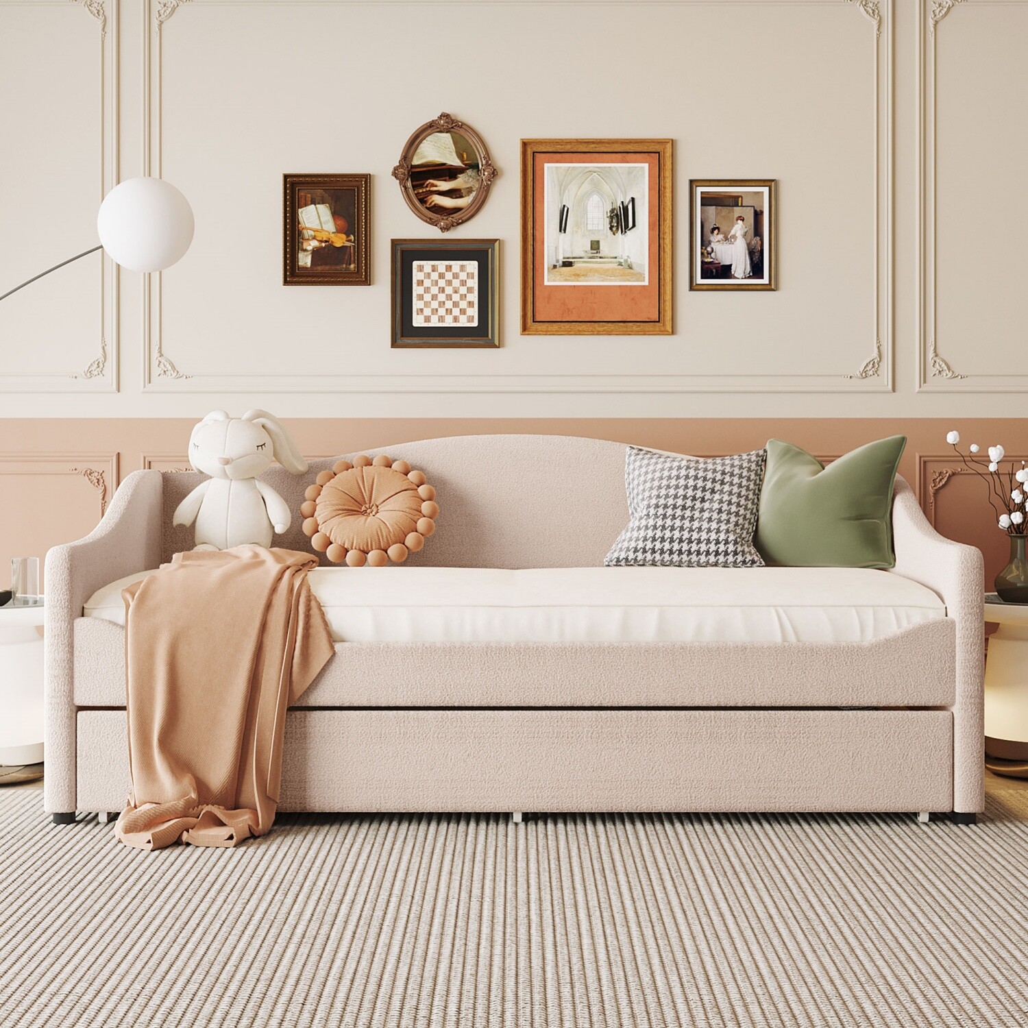 Twin Size Daybed Upholstered Bed Frame Sofa Bed w/ Trundle Bed & LED Lights