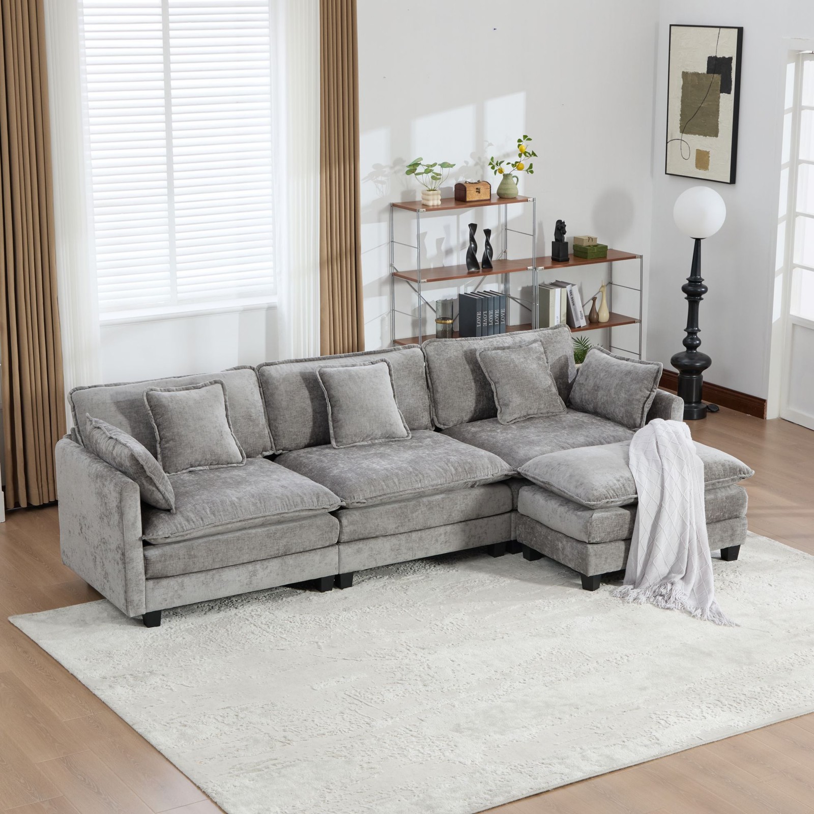 3-Seat Sectional Sofa Cloud Couch, Gray Chenille Fabric Medium-Soft