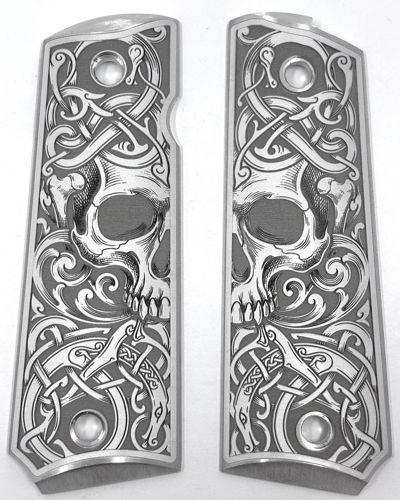 Custom Engraved Full Size 1911 Aluminum Grips- Skull Norse Scroll Design