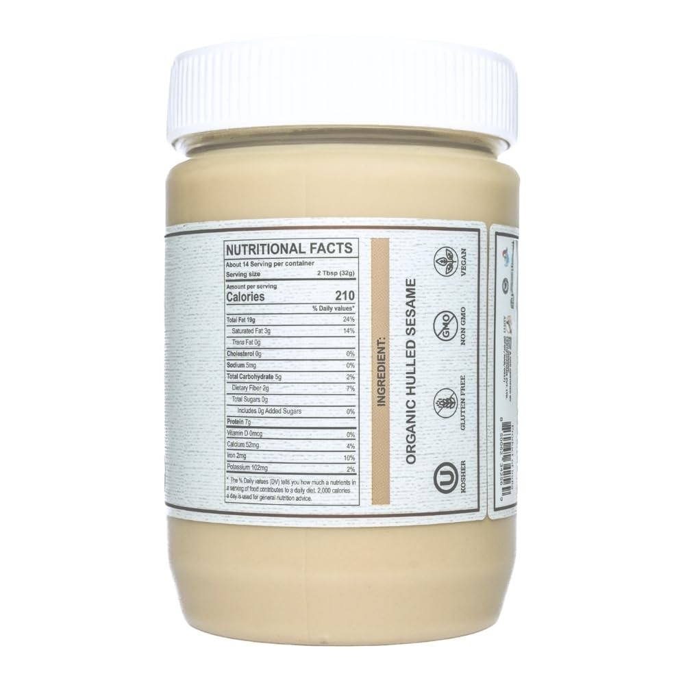 Organic Tahini Paste 16 oz (1lb) - Smooth Tahini Organic from Hulled Sesame S...