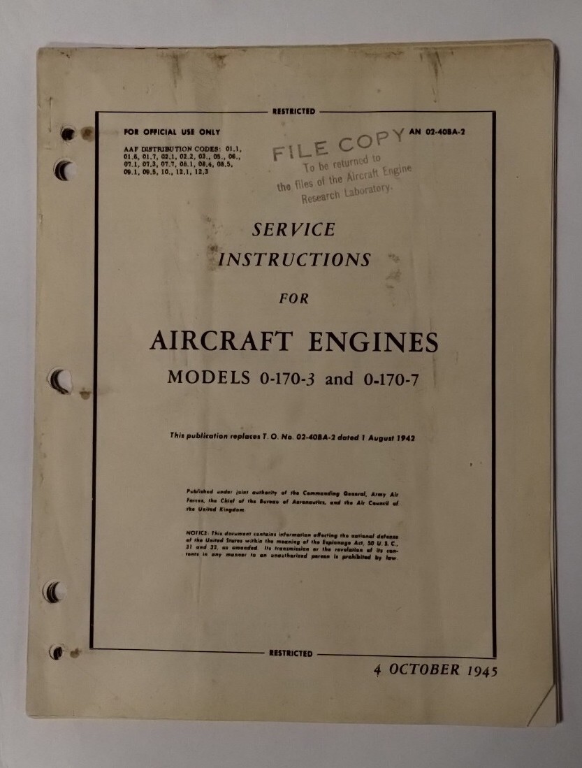 Continental Model 0-170-3-7 Aircraft Engines Service Instructions-Original