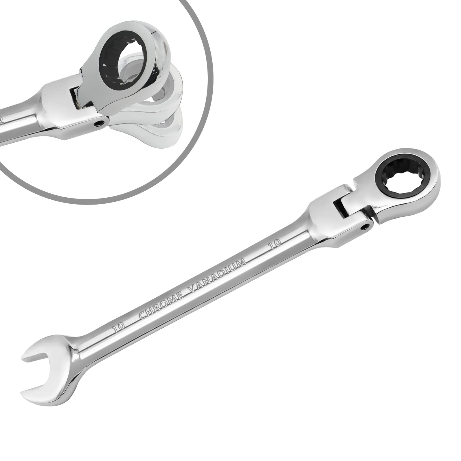 HARSKIYER 10mm Flex Head Ratchet Wrench, 12 Point Chrome 10mm, Silver