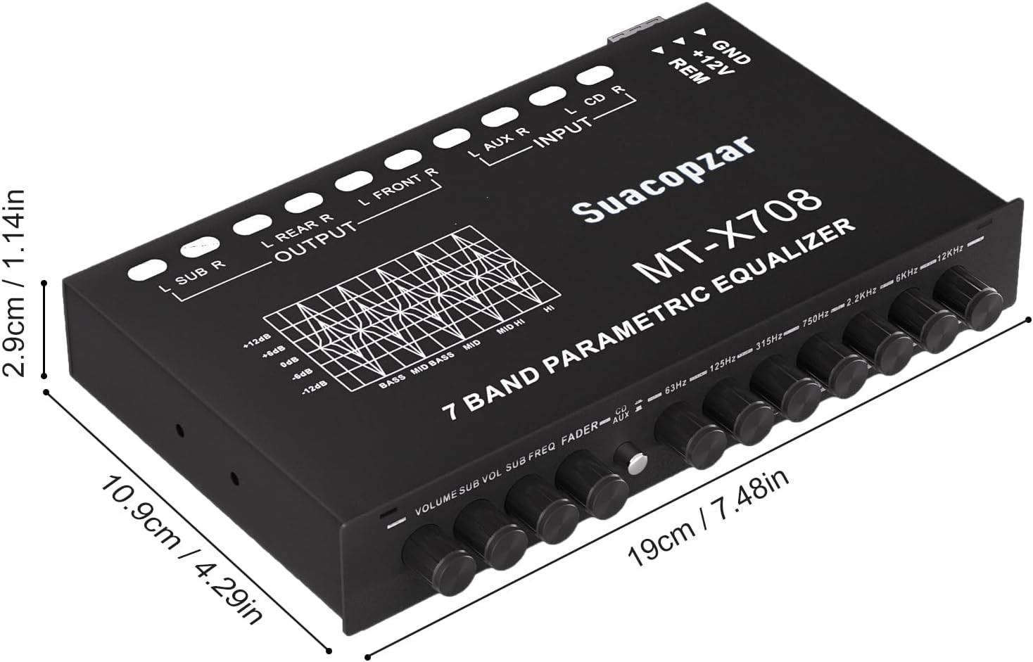 7 Band Car Audio Equalizer 12V EQ w/ AUX CD Input Subwoofer RCA Output