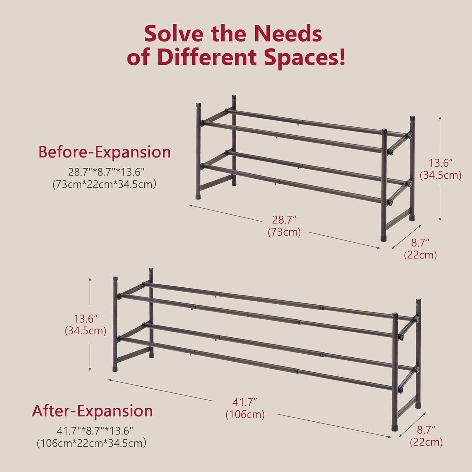 2 Tier Expandable Shoe Rack for Closet, 28“-41“Adjustable & Stackable Shoe Shelf