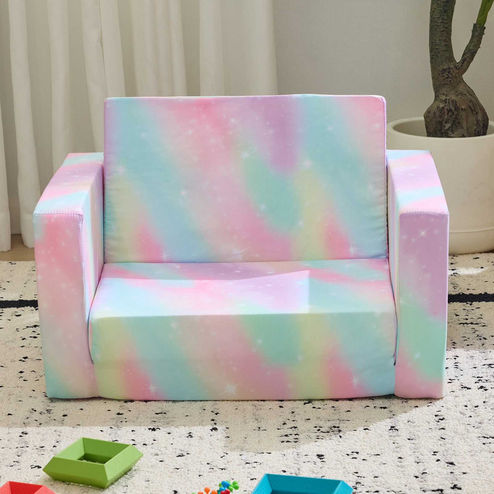 Kids Foldable All-Sponge Sofa Bed, Spray-Print Slant Peach Fabric Chaise Lounge
