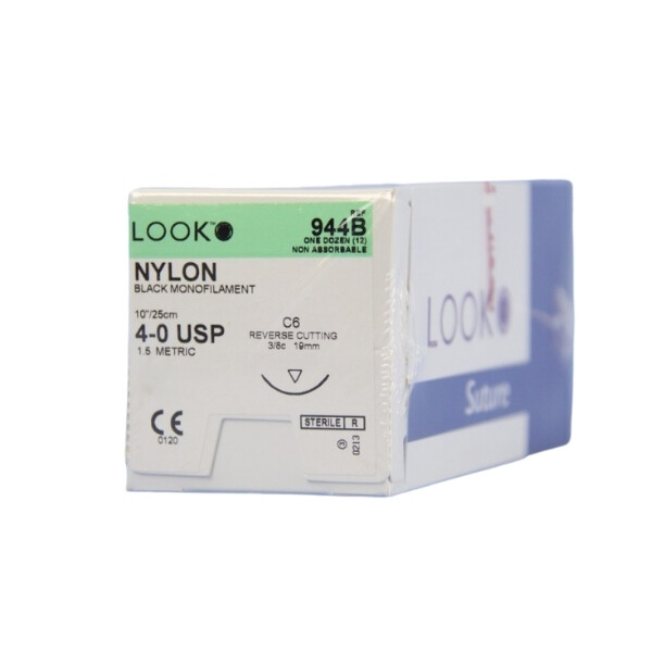 Look X944B Nylon 4-0 Black Sutures 10" C6 3/8 Circle Reverse Cutting 19mm 12/Pk