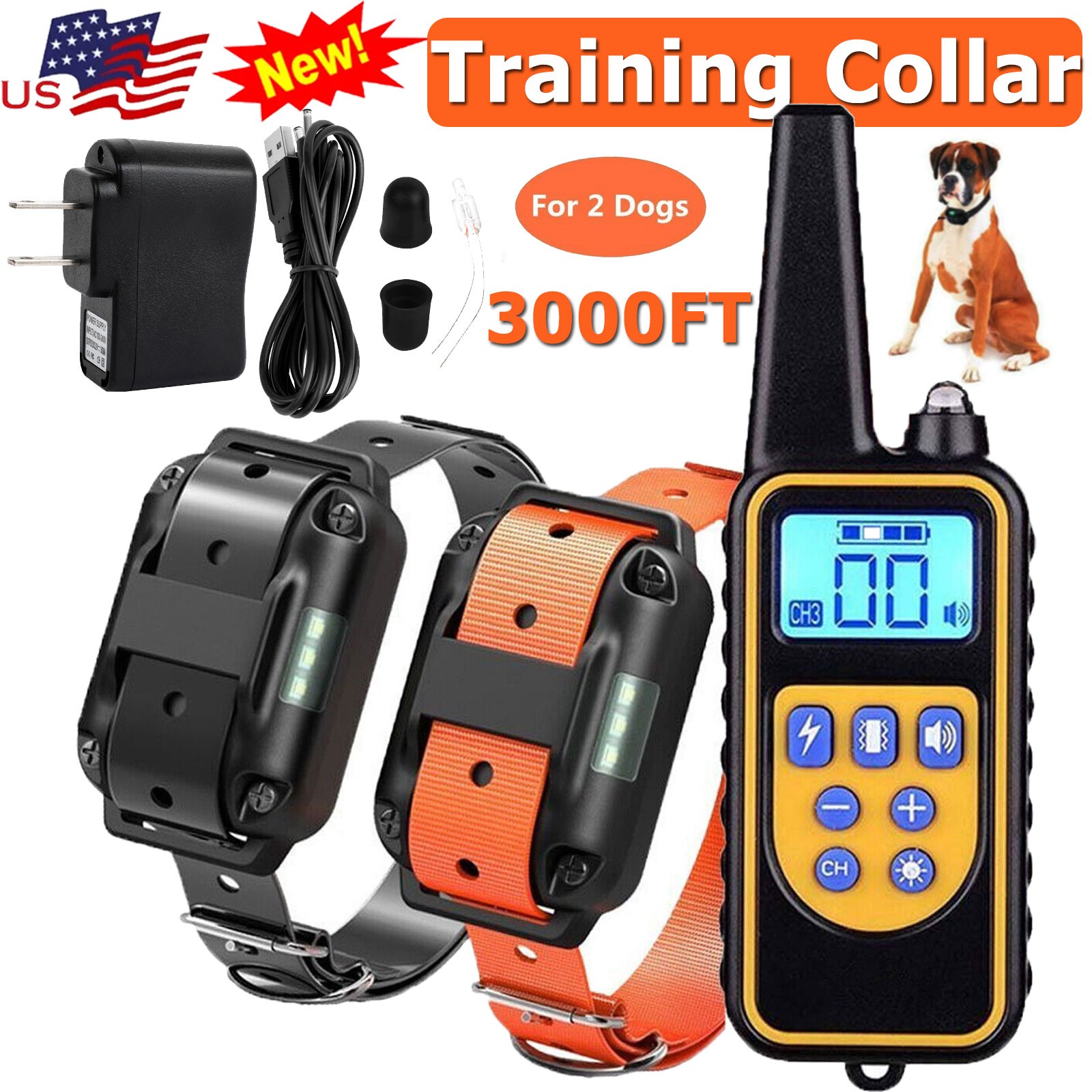 3000 FT Remote Dog Shock Training 2 Collar Set Rechargeable Waterproof LCD Pet