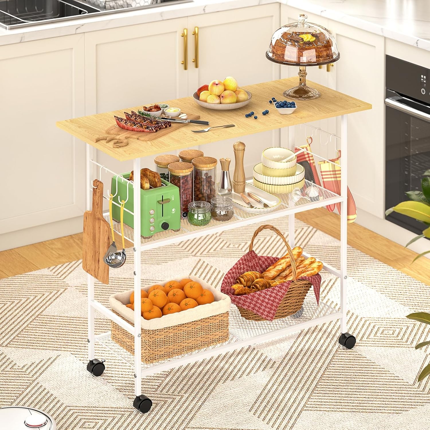 Kitchen Island W/ 3 Shelves Rolling Kitchen Cart W/ 6 Hooks & Protective Shelf