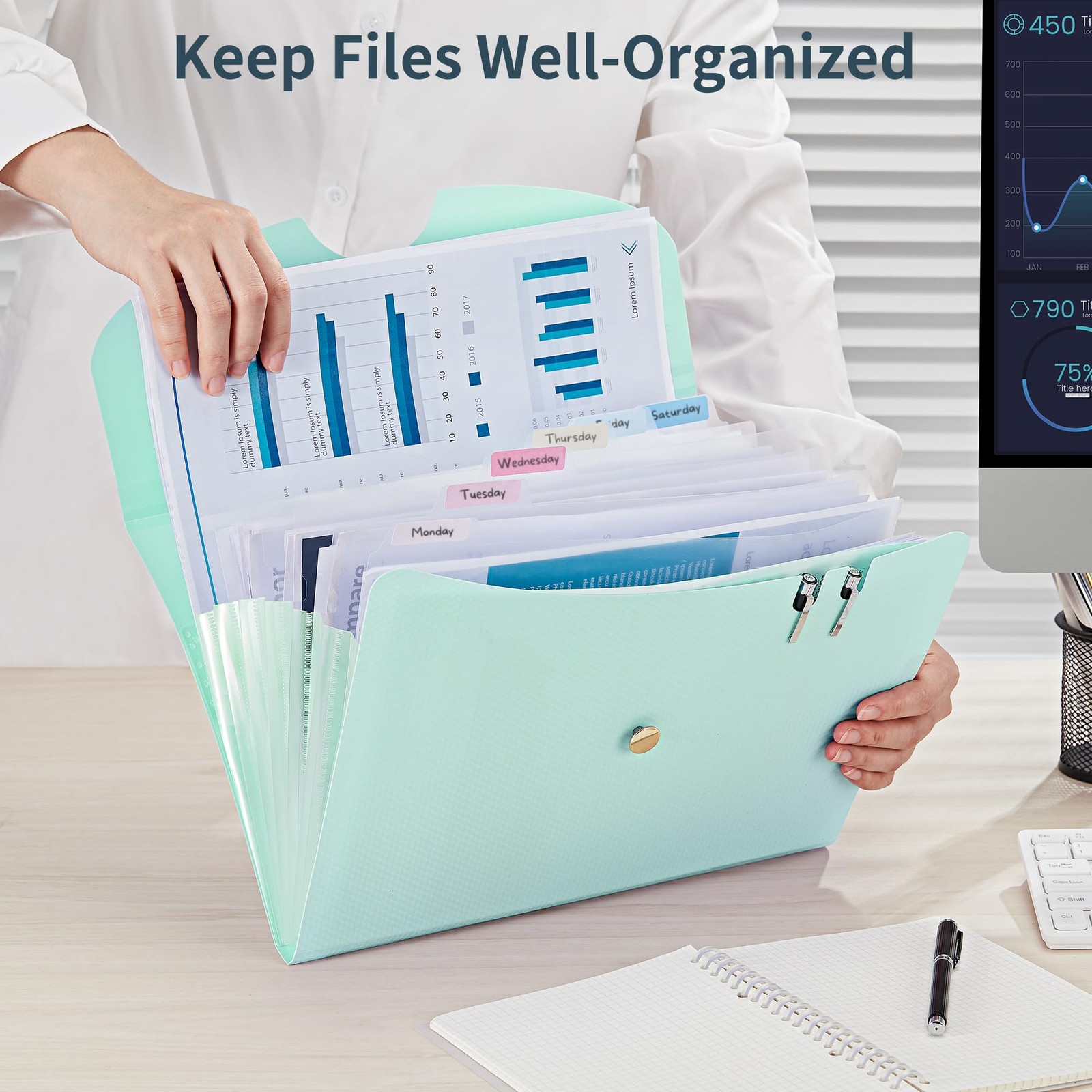 7 Pockets File Folder, A4 Accordion folders, Blue