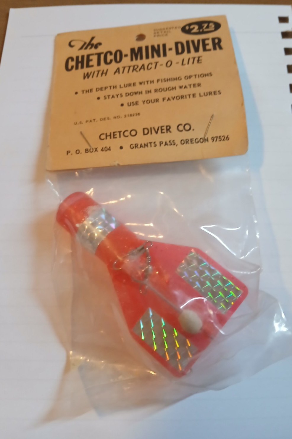 Vintage-Chetco-Mini-Diver Fishing Lure w/ Attract-O-Lite, Grants Pass Oregon,