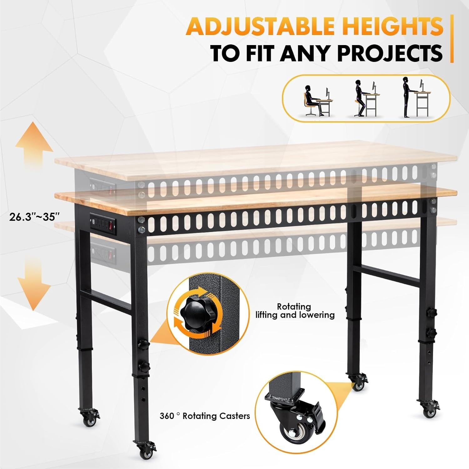 48" Rubber Wood Top Workbench - Adjustable Height & 2000 lbs Load Capacity