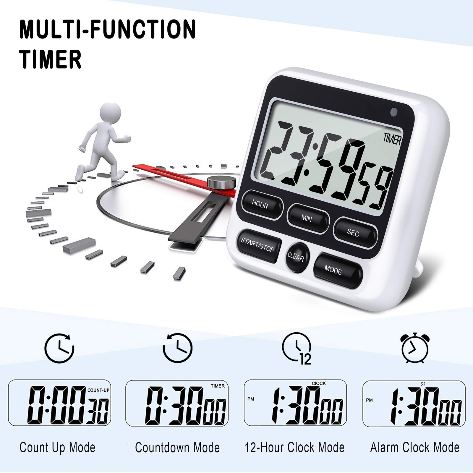 Digital Kitchen Timer with Mute/Loud Alarm Switch ON/Off Switch, 12-Hour Cloc...