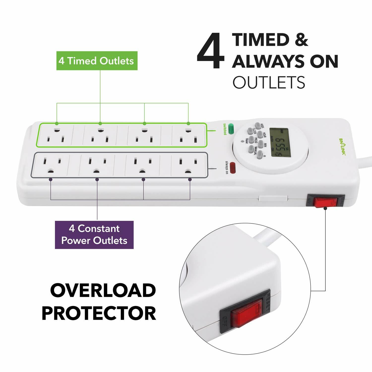 BN-LINK 8 Outlet Surge Protector with 7Day Digital Timer (4 Timed +4 Always On)
