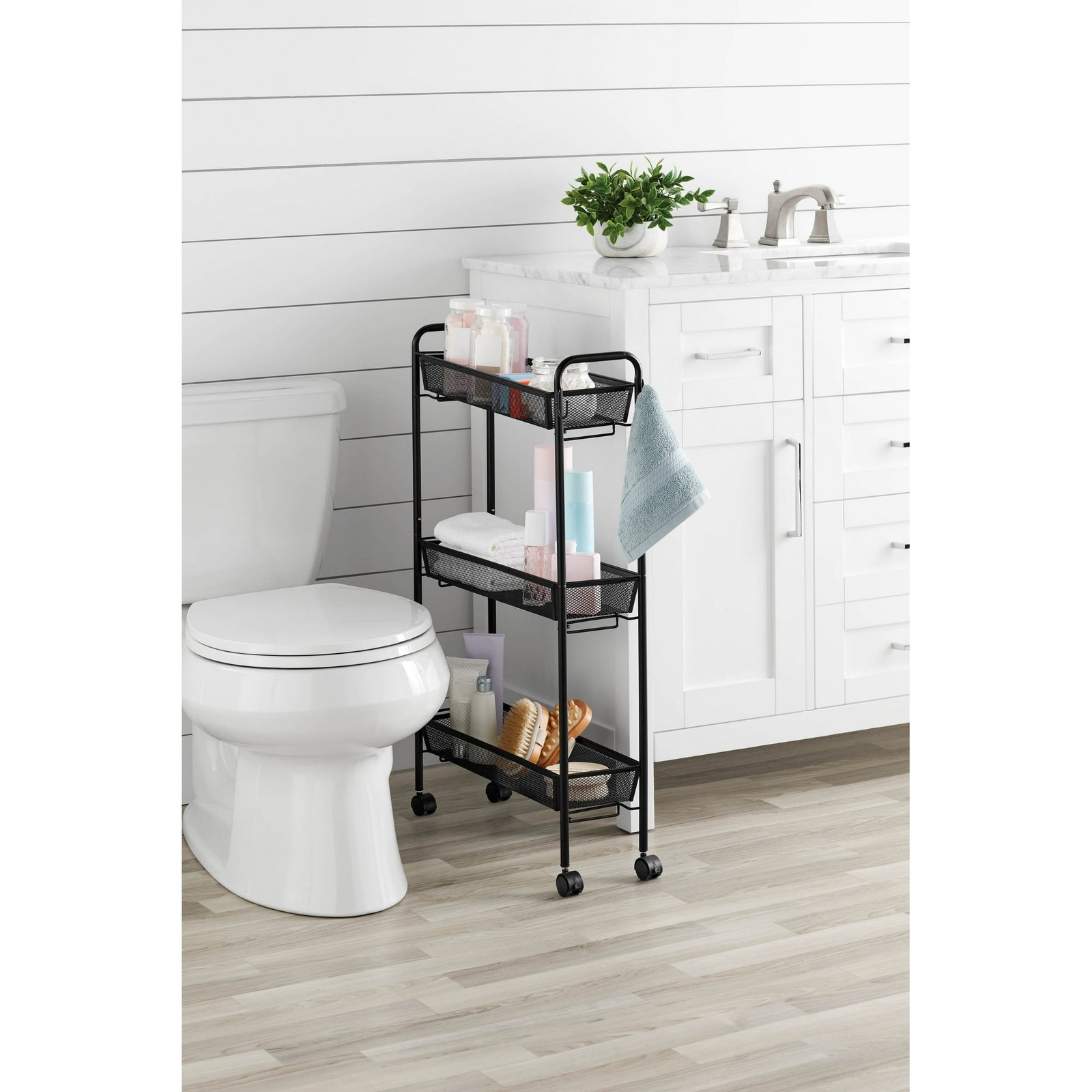 Mainstays Slim Bathroom Cart, 3-Tier Rolling Cart Organizer with Hooks, Black