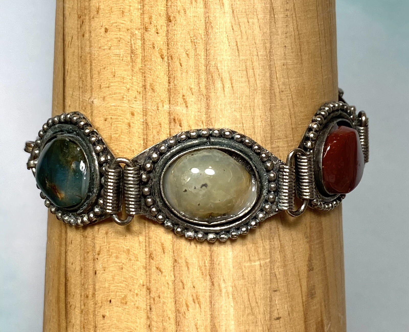 Bracelet Vintage Handmade Artisan Handcrafted Stones Metal Segments Links 6.75”