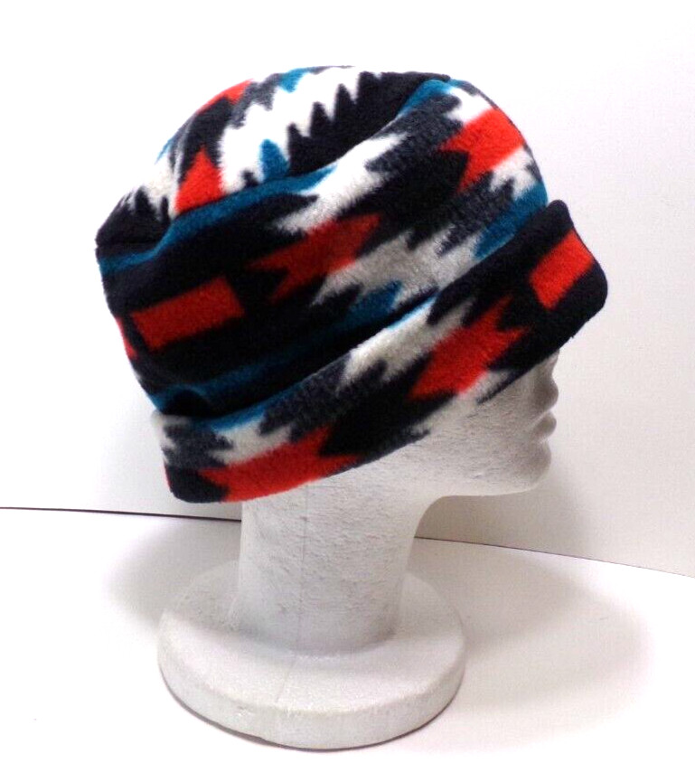 SOUTHWEST RED/WHITE/BLUE   FLEECE ROLLED BRIM WINTER HAT THERMAL STRETCHY  h88cr