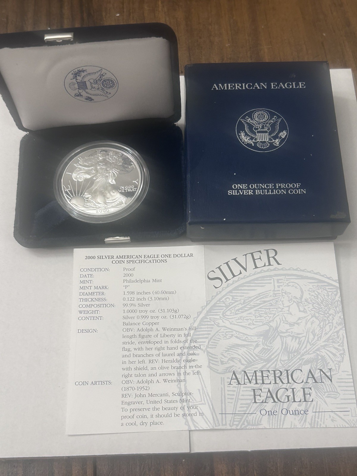 Proof 2000 American Silver Eagle 1 oz .999 With Box and COA - compare prices