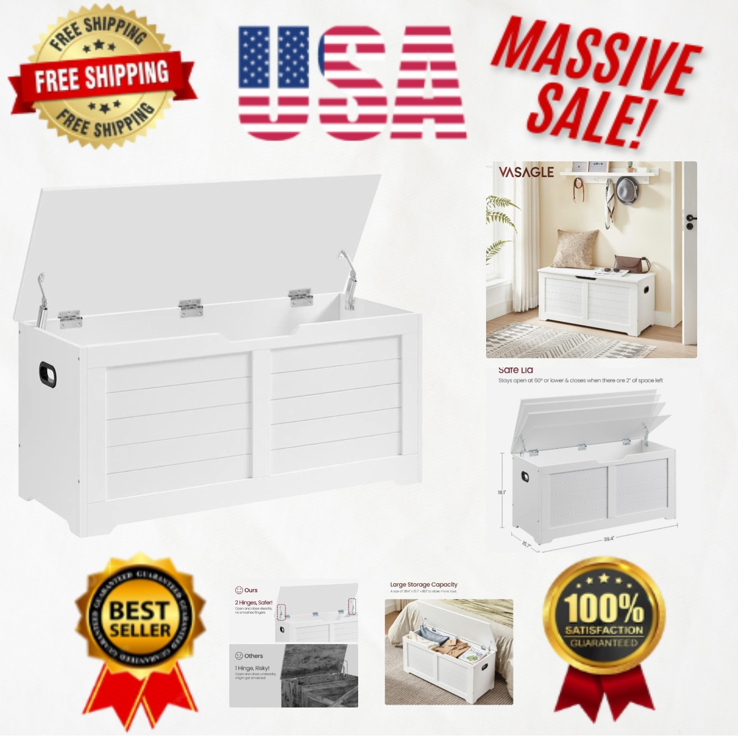 Stylish 39.4" Cloud White Storage Chest with Safety Hinges for Organized Living