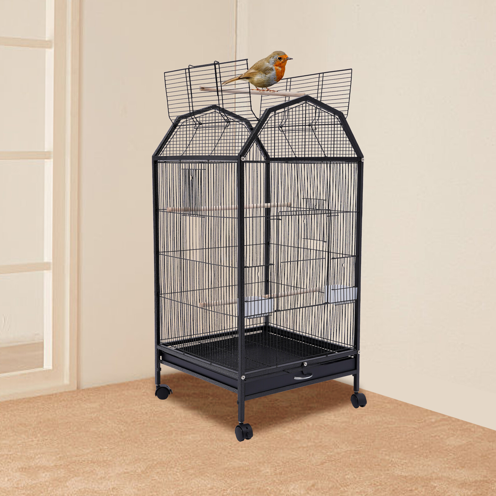 For Cockatiel Parakeet Finch Parrot Birdcage Black Large Bird Cage+Rolling Stand