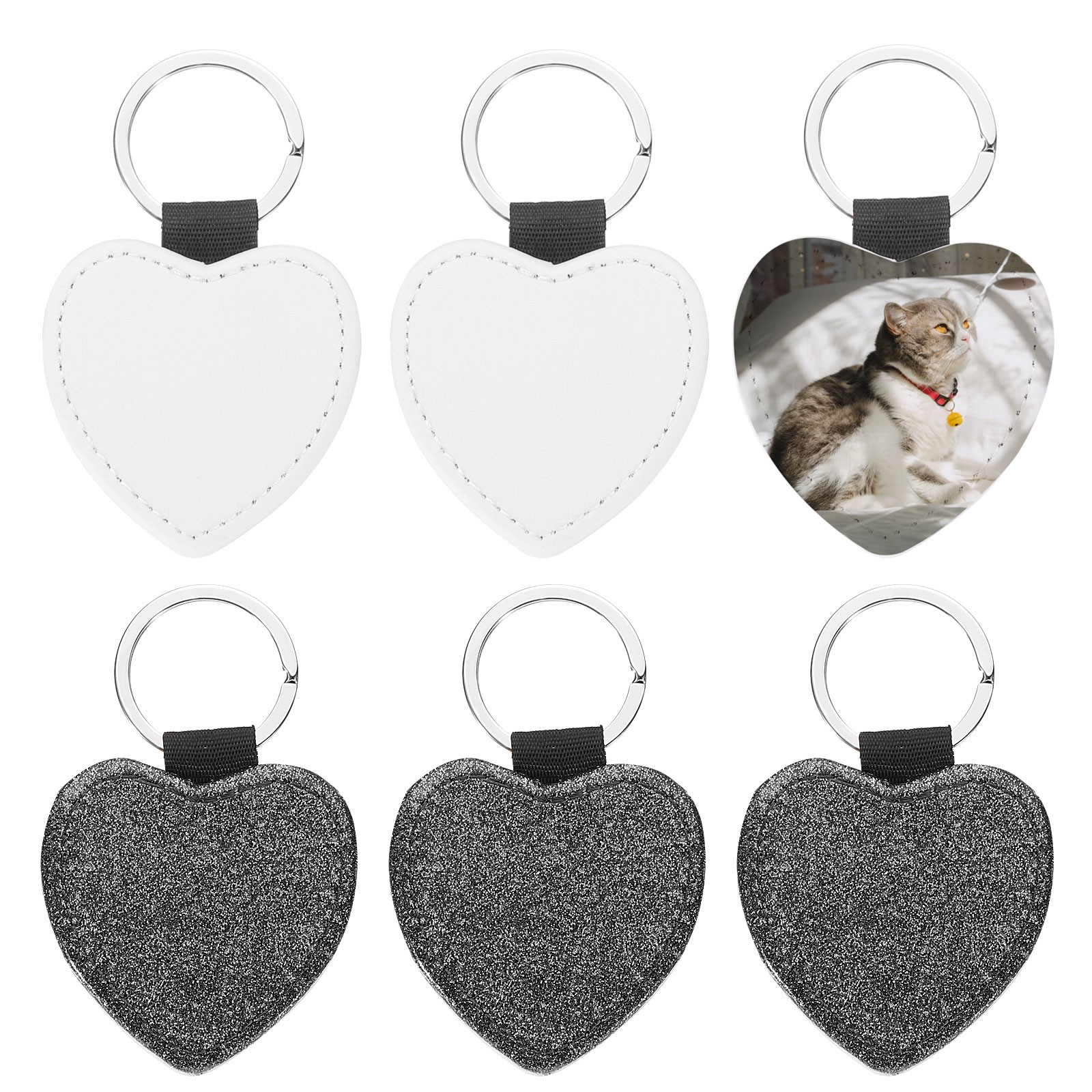 Sublimation Blank Keychains, 6Pcs Heart Keychain Blanks, Glitter Black