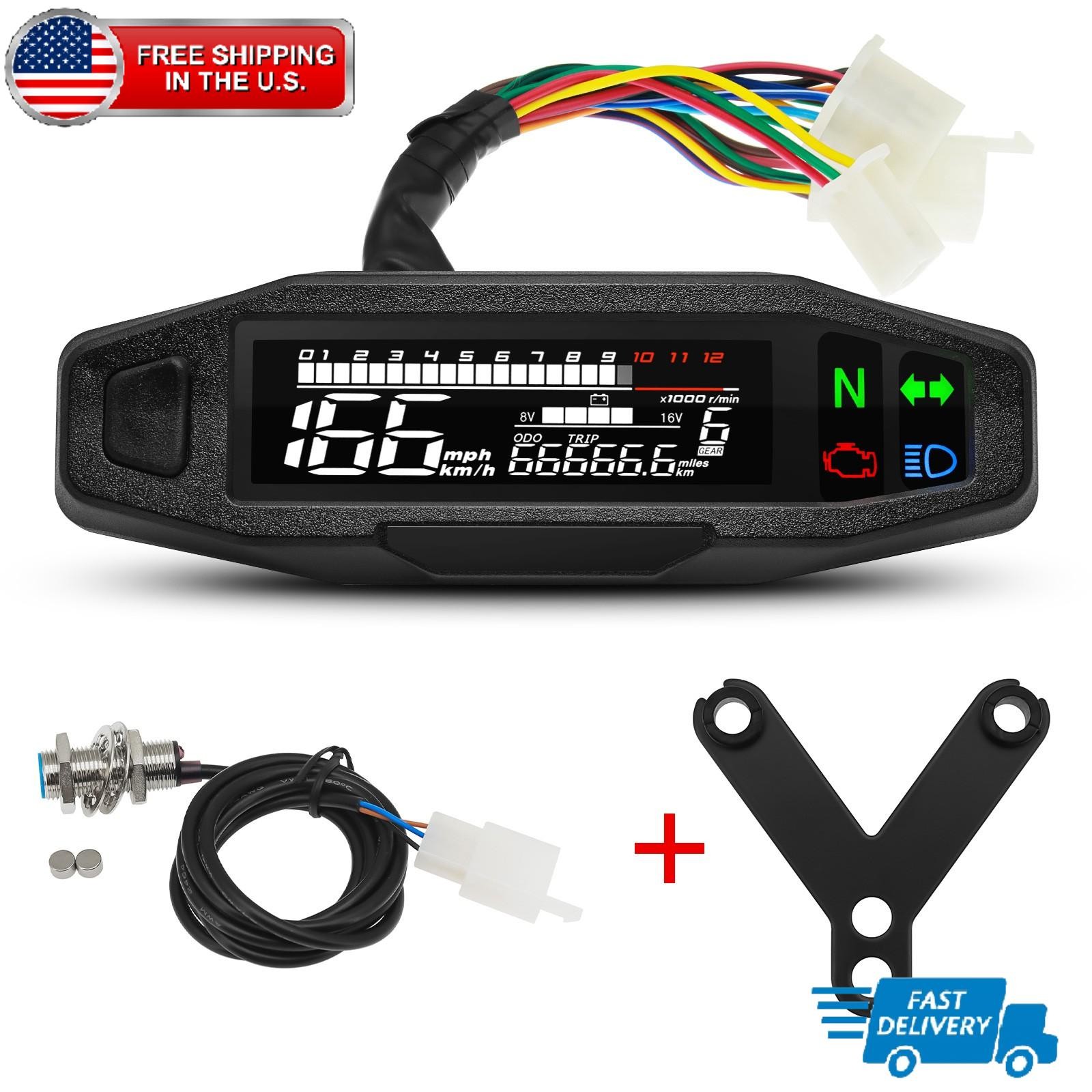 Motorcycle Gauge LCD Digital Speedometer Odometer Tachometer With Sensor Bracket