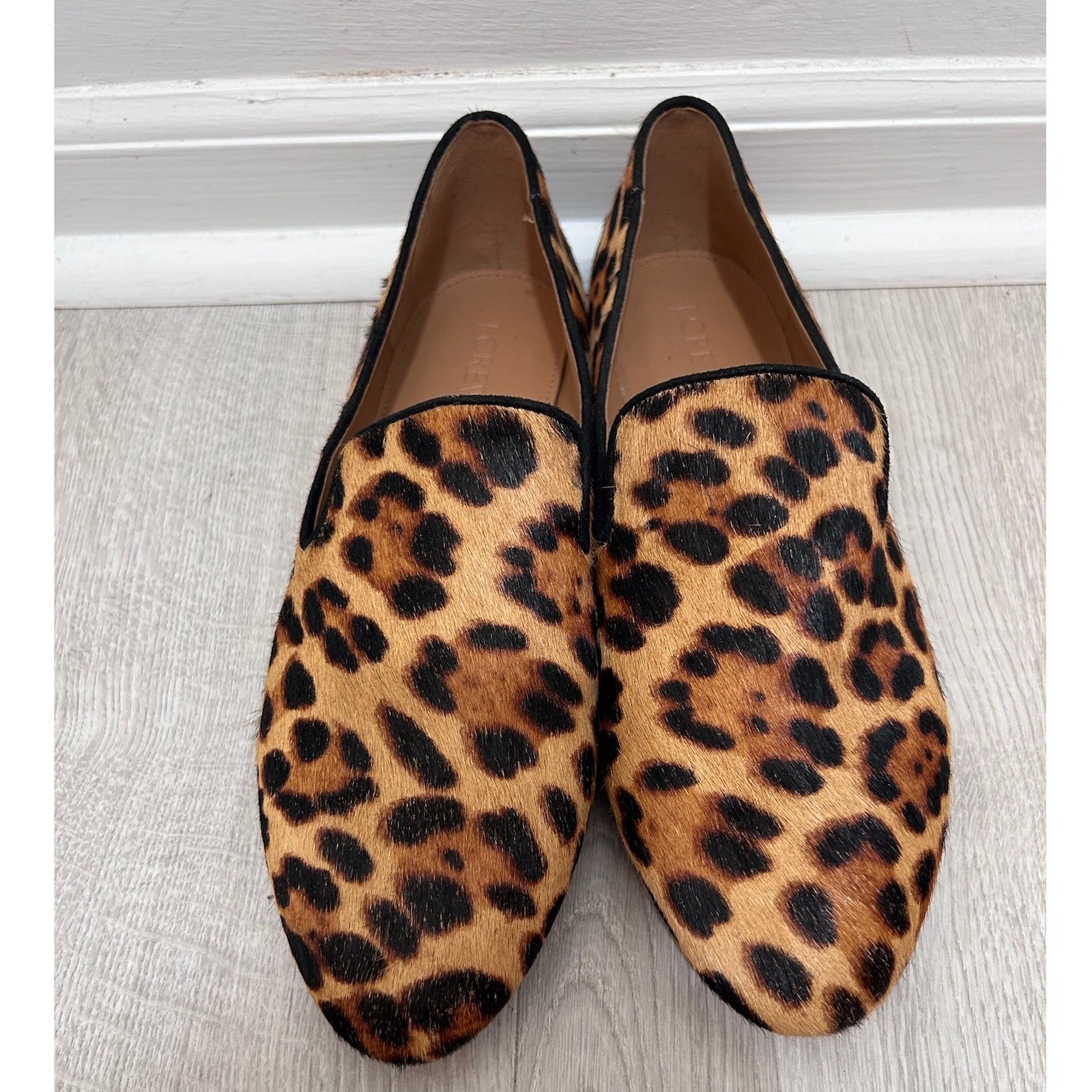 J Crew Leopard Print Calf Hair Loafers Womens Sz 9 Preppy Old Money Slip On