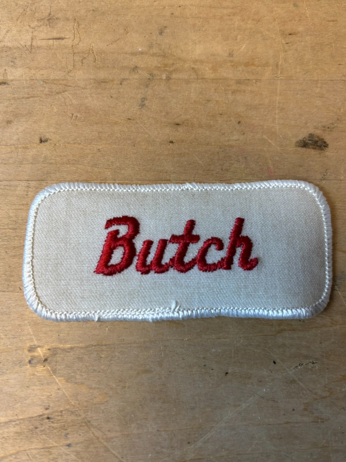 Vtg 70s BUTCH Sew On Embroidered Clothing Jacket Uniform Name Patch RED & WHITE