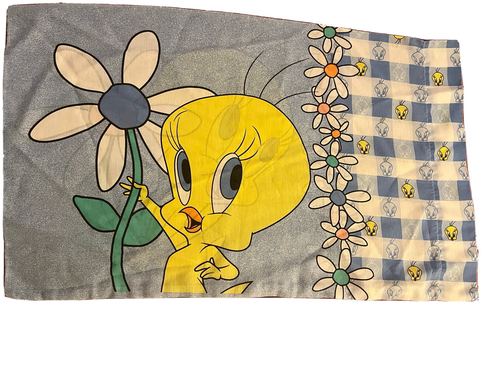 Vintage Looney Tunes Pillowcase Tweety Bird 1998 Warner Brothers Blue Plaid