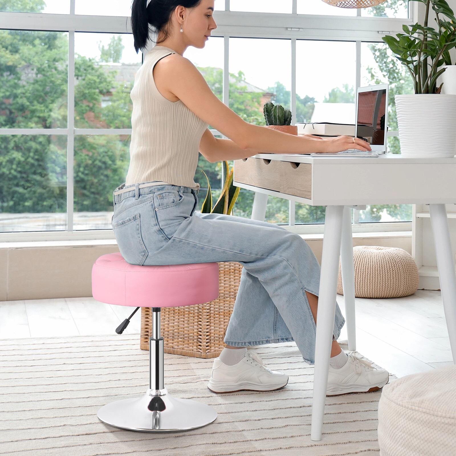 2 PCS Pink Vanity stool for Makeup Room Adjustable Height PU Leather Bar Stool
