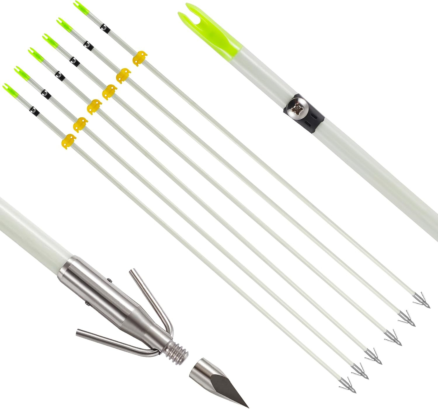 6 Pack 32 Inch Bowfishing Arrows with Broadheads and Safty Slides Bow Fishing Ar