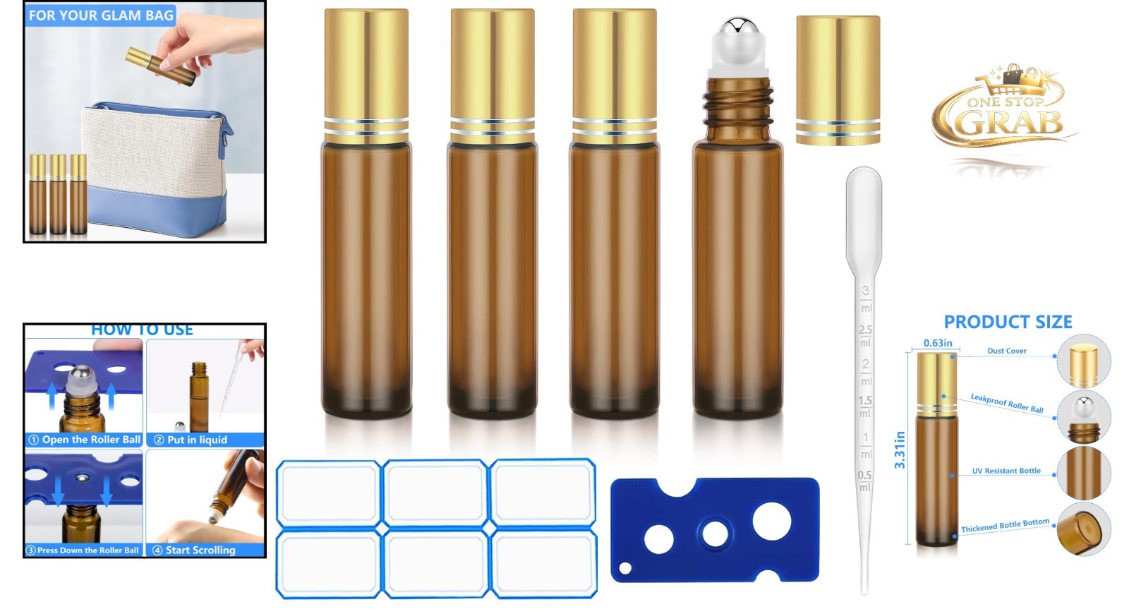 4 Pack Refillable Amber Glass Essential Oil Roller Bottles 10ml Leak-Proof
