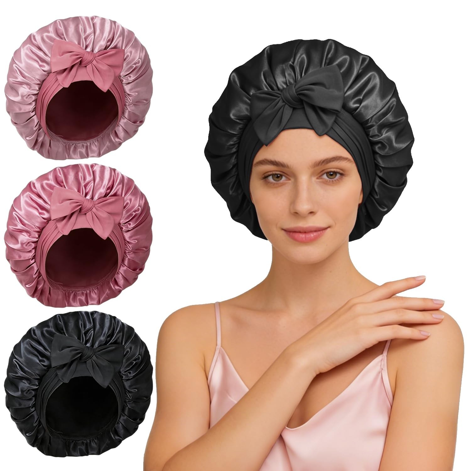 Silk Bonnet for Sleeping, Adjustable Satin Bonnets with Tie Standard, Black