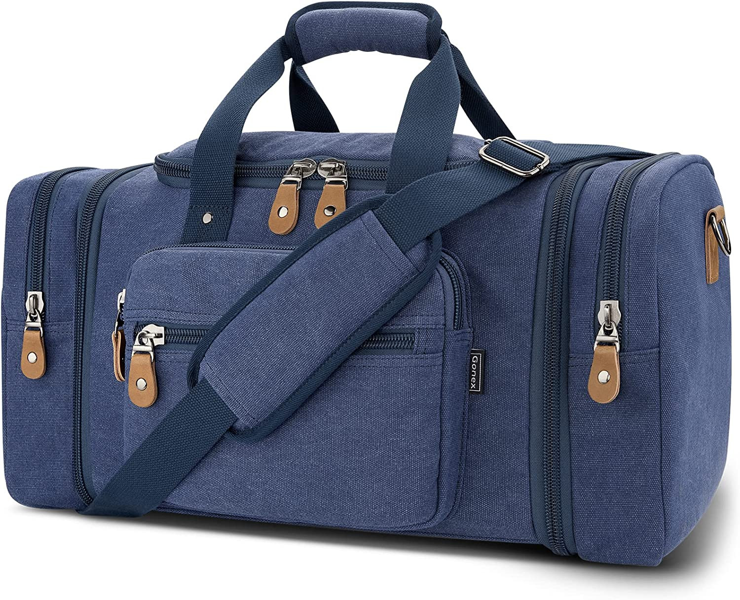 60L Expandable Canvas Duffle Bag Blue Travel Weekender Overnight Carry On