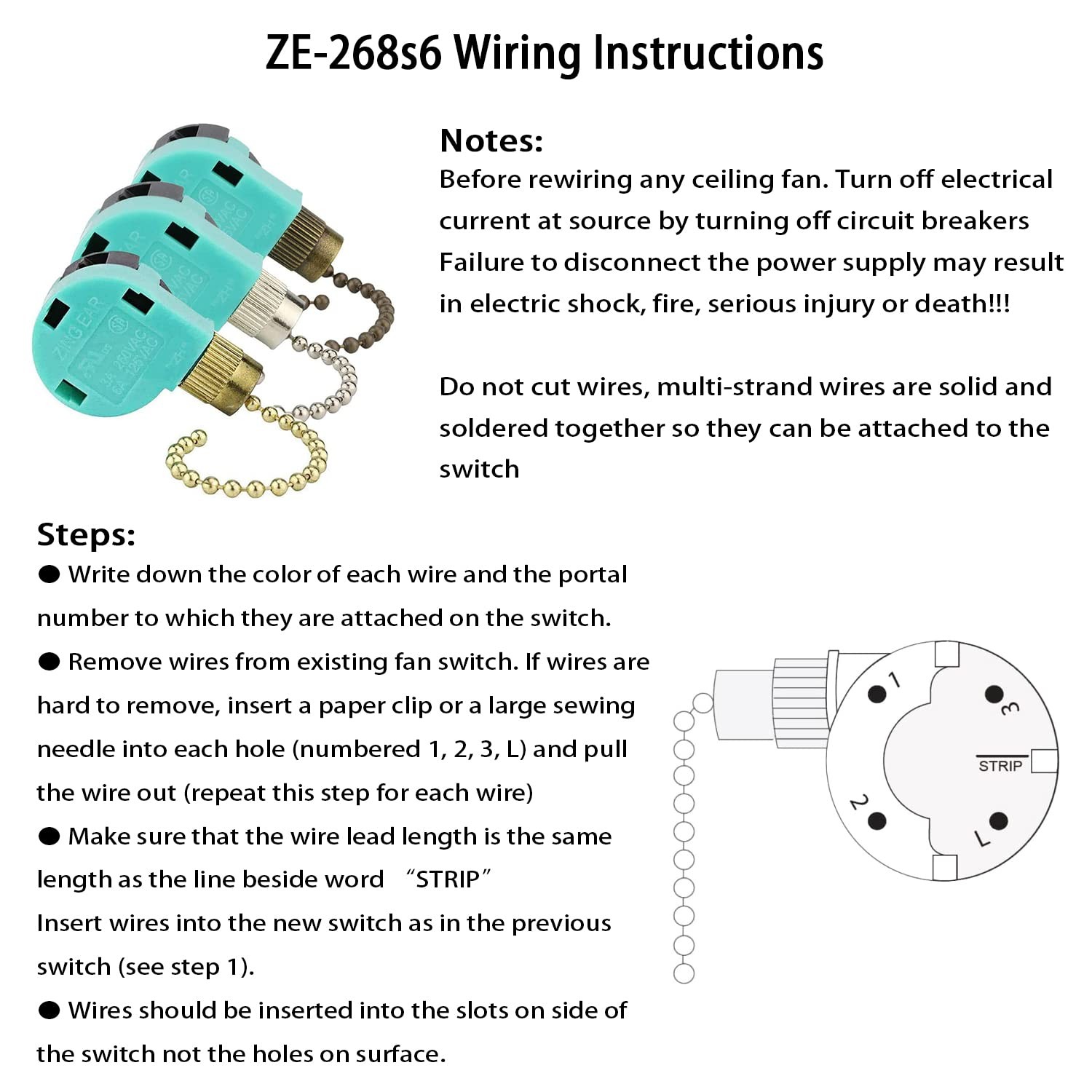 Ceiling Fan Switch ZE-268S6 3 Speed 4 Wire Bronze Zing Ear For Ceiling Light ...