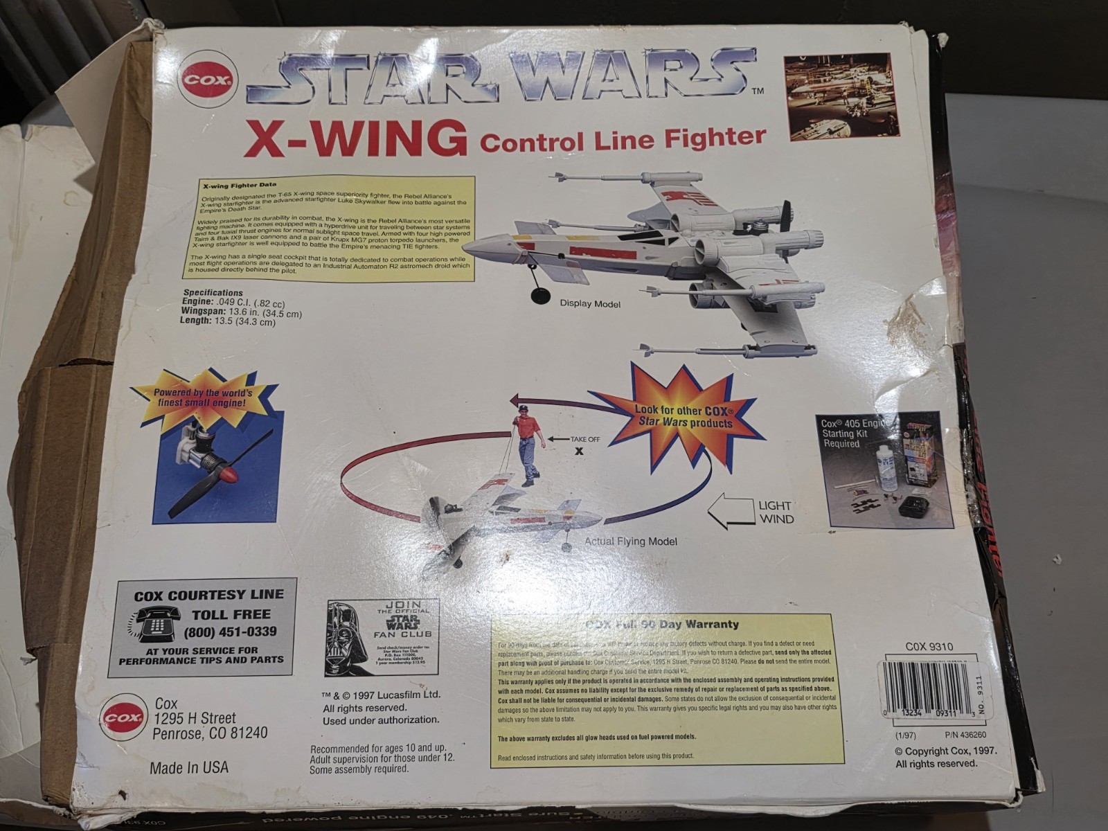 Cox Star Wars X-Wing Control Line Fighter Tether Plane 049 Engine 9310 Complete