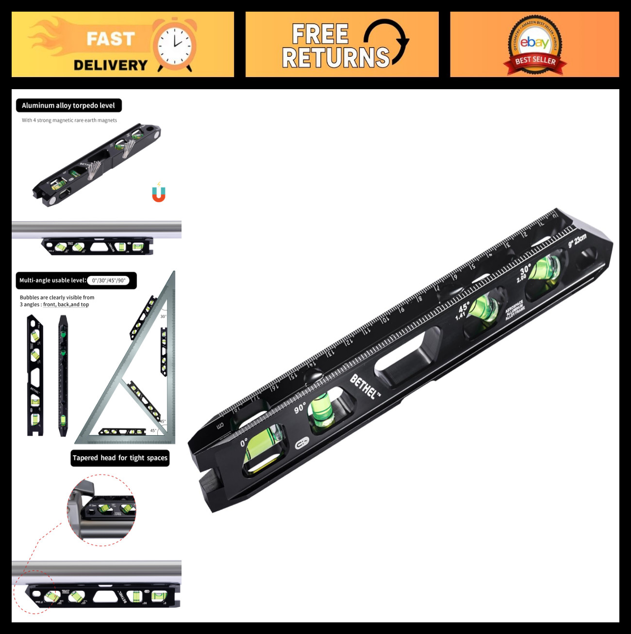9" Magnetic Torpedo Level with 4 Bubble Vials, V-Groove & Magnetic Rails, Durabl