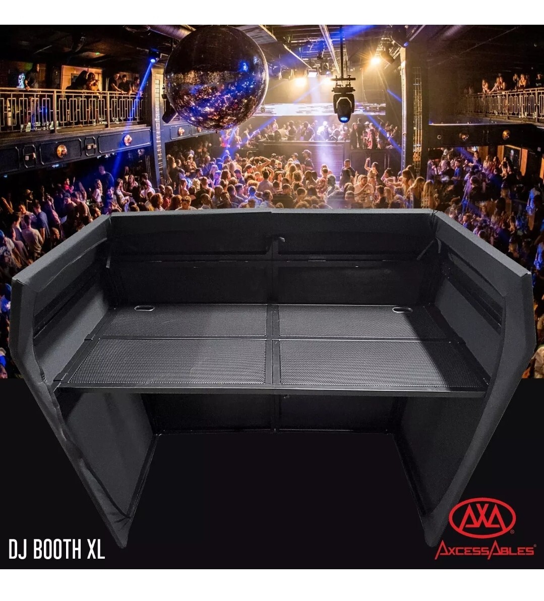 AxcessAbles DJ Booth XL Portable DJ Facade Booth Table with Black & White Scrims