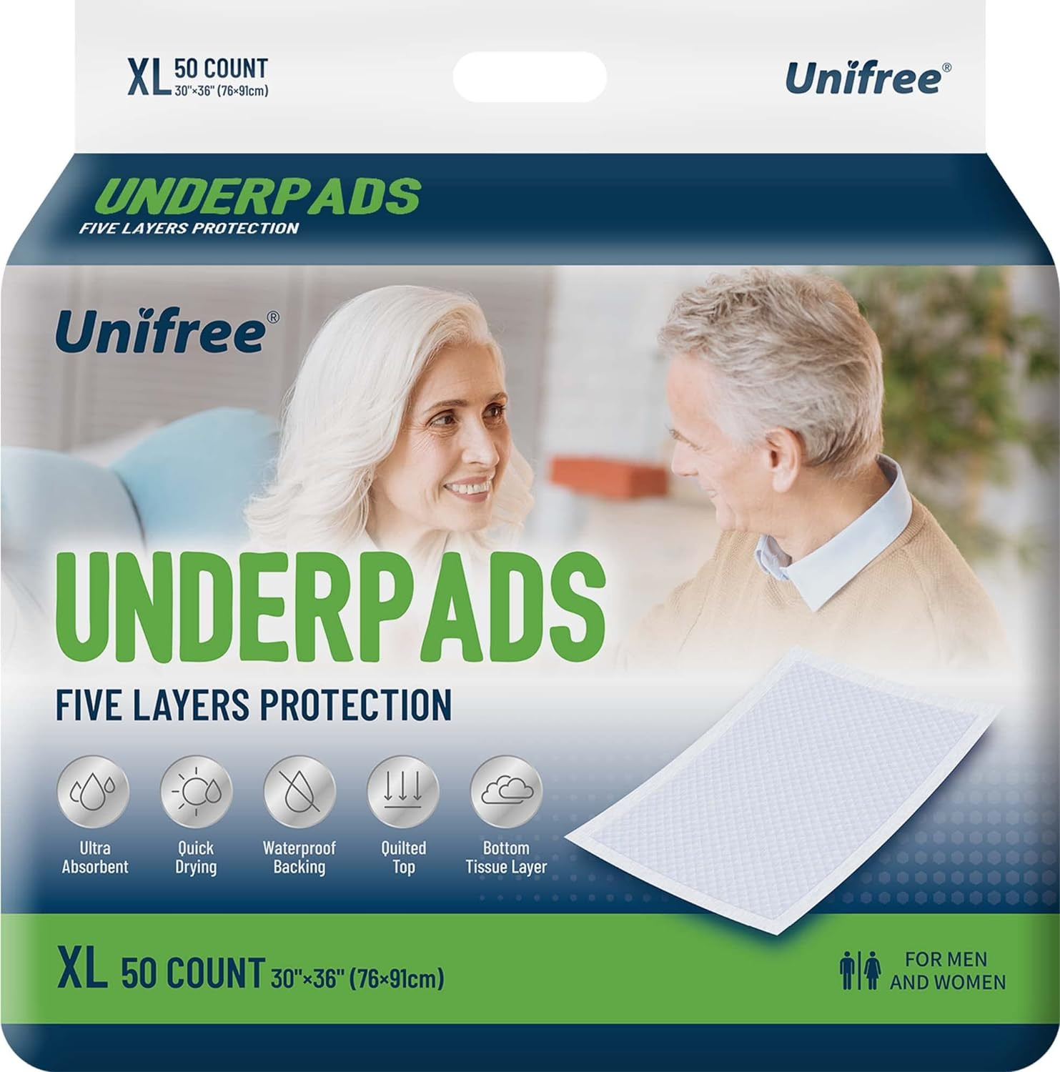 Unifree Disposable Underpads, Bed Pads, Incontinence Pad, Super Absorbent, 50 Co