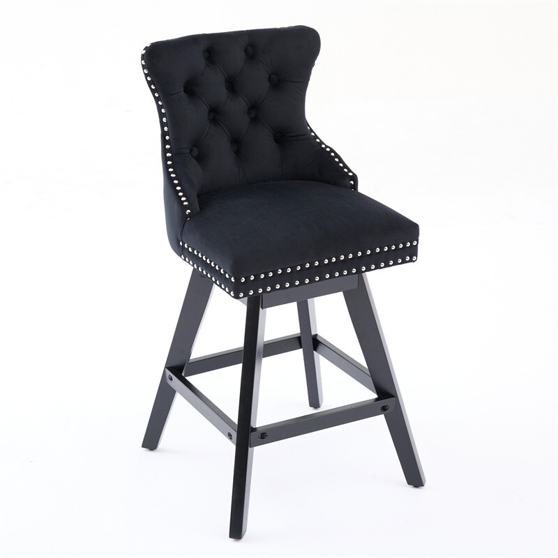 Set of 2 Swivel Velvet Barstools w/Button Tufted Decoration & Wooden Legs Black