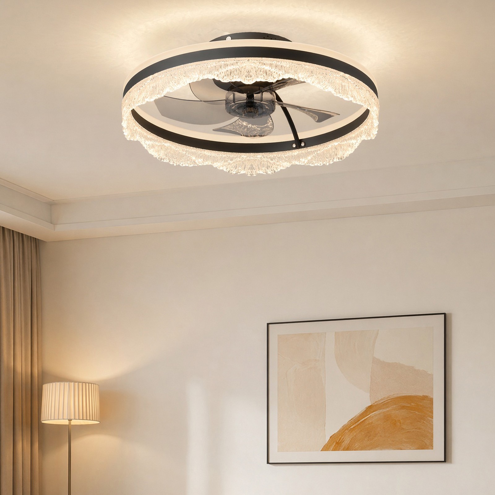 20'' Ceiling Fan LED UP Down Light Wave Design Flush Mount Remote APP Control