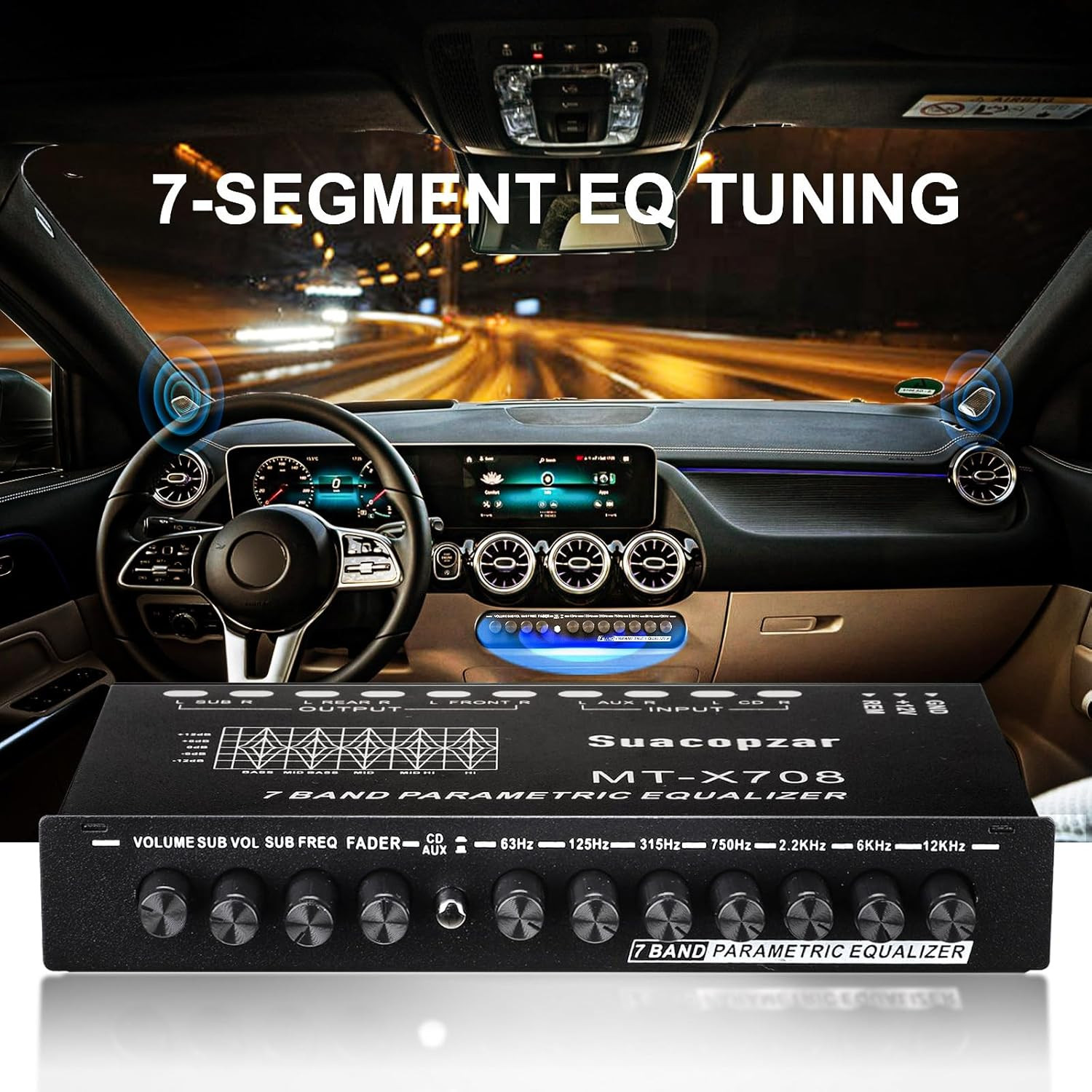 7 Band Car Audio Equalizer 12V EQ w/ AUX CD Input Subwoofer RCA Output