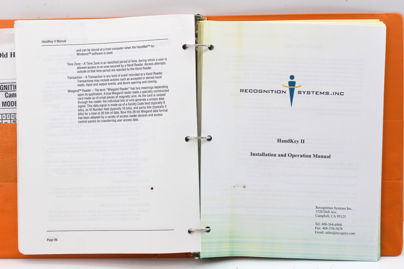 Recognition Systems HandKey II Installation & Operation Manual Binder w/ Schlage