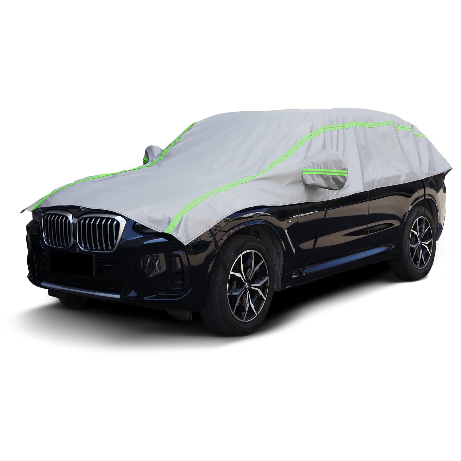 Half Car Cover with Green Reflective Strip, Windshield Cover for Ice and Snow...