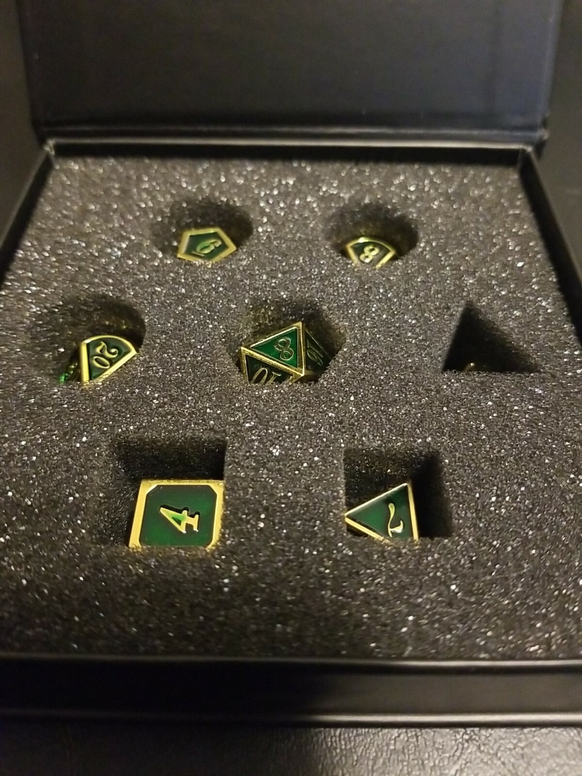 Polyhedral Metal 7Pc Dice Set Green/Gold; DnD, Roleplaying, FREE SHIPPING