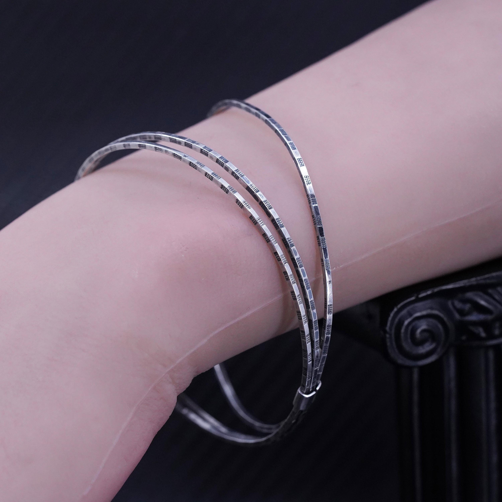 7.75”, sterling silver 925 handmade textured multi strands bangle, bracelet