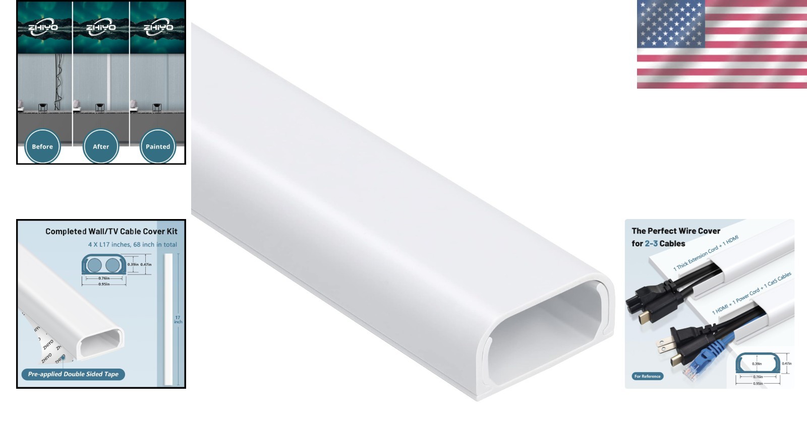 Self-Adhesive Cable Concealer for Walls - 68” Wire Cover Kit