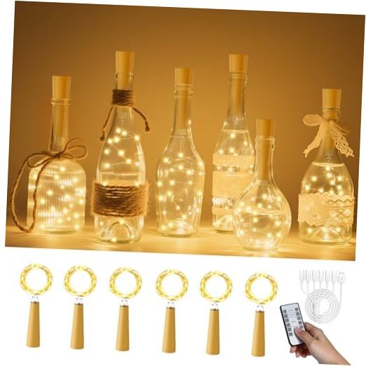 USB Rechargeable Wine Bottle Lights with Cork & Remote Timer, 6 Pack 20 LED
