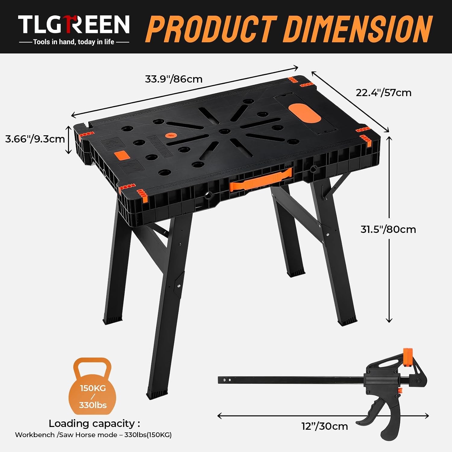 Folding Work Bench with Clamps & Power Strip - Portable Work Table 34" W x 22" D